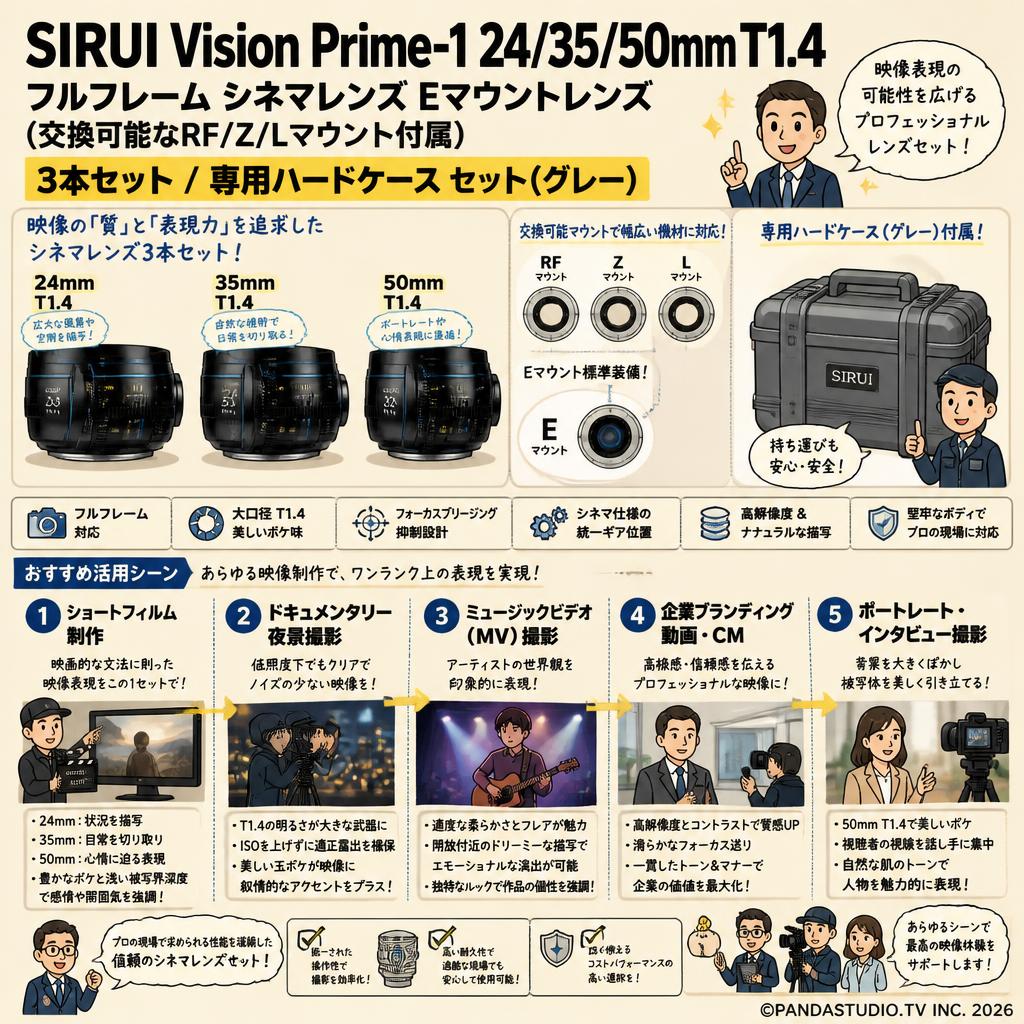 SIRUI Vision Prime-1 24/35/50mm T1.4 フルフレーム シネマレンズ Eマウントレンズ (交換可能なRF/Z/Lマウント付属）3本セット / 専用ハードケース セット(グレー) 用途