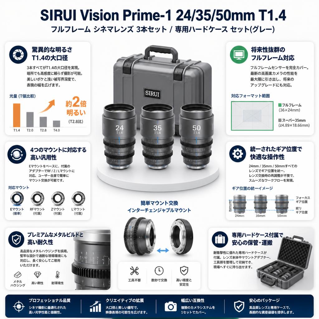 SIRUI Vision Prime-1 24/35/50mm T1.4 フルフレーム シネマレンズ Eマウントレンズ (交換可能なRF/Z/Lマウント付属）3本セット / 専用ハードケース セット(グレー) セールスポイント