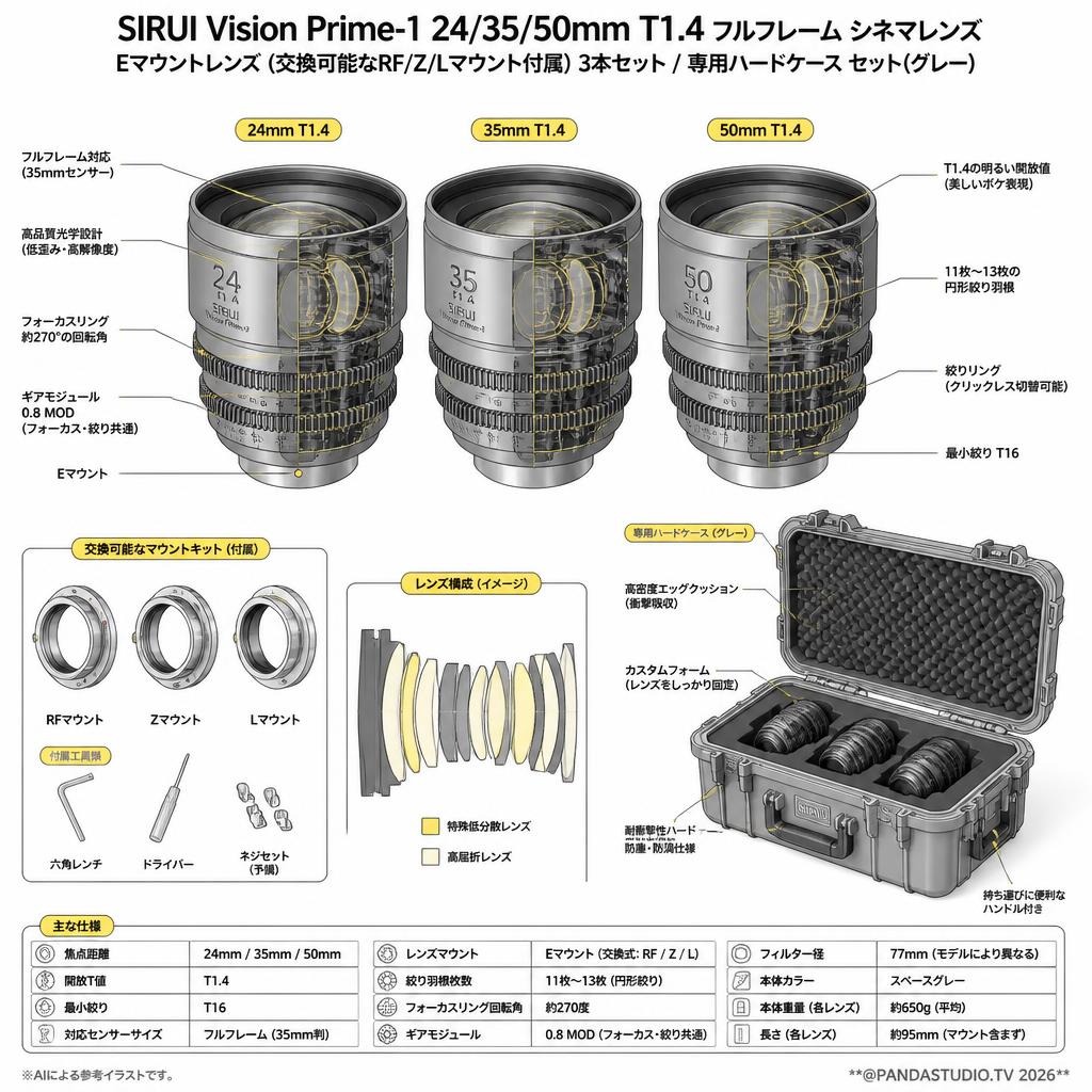 SIRUI Vision Prime-1 24/35/50mm T1.4 フルフレーム シネマレンズ Eマウントレンズ (交換可能なRF/Z/Lマウント付属）3本セット / 専用ハードケース セット(グレー) スペック