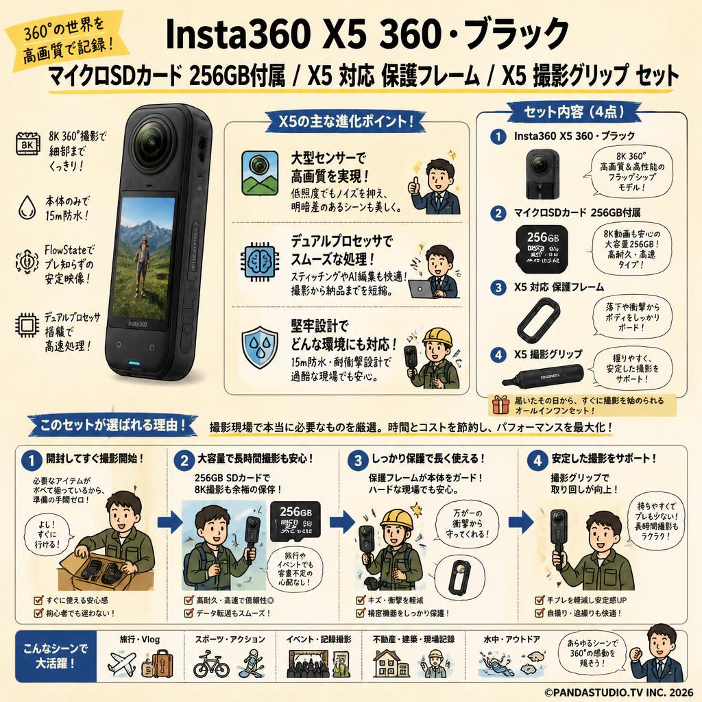 Insta360 X5 360・ブラック マイクロSDカード 256GB付属 /  X5 対応 保護フレーム /  X5 撮影グリップ  セット 概要