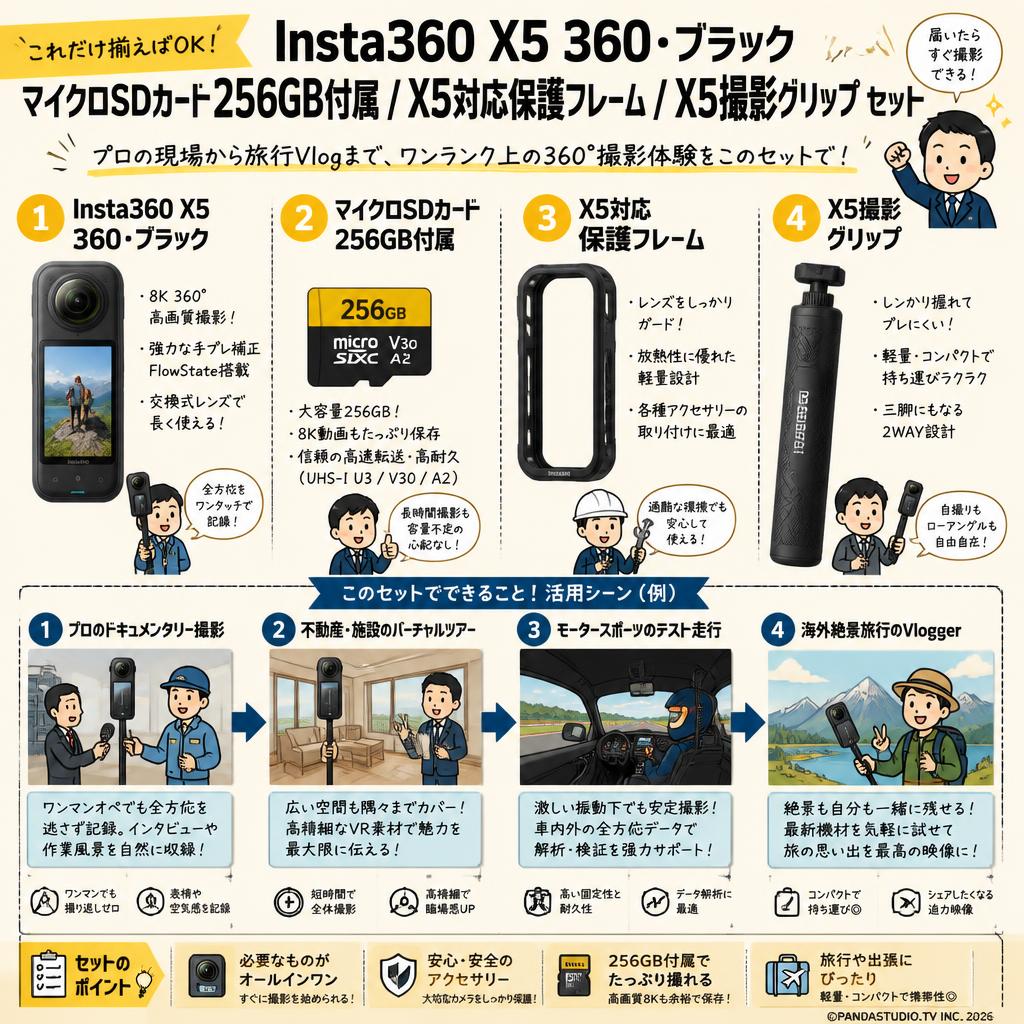Insta360 X5 360・ブラック マイクロSDカード 256GB付属 /  X5 対応 保護フレーム /  X5 撮影グリップ  セット おもな対象のお客様