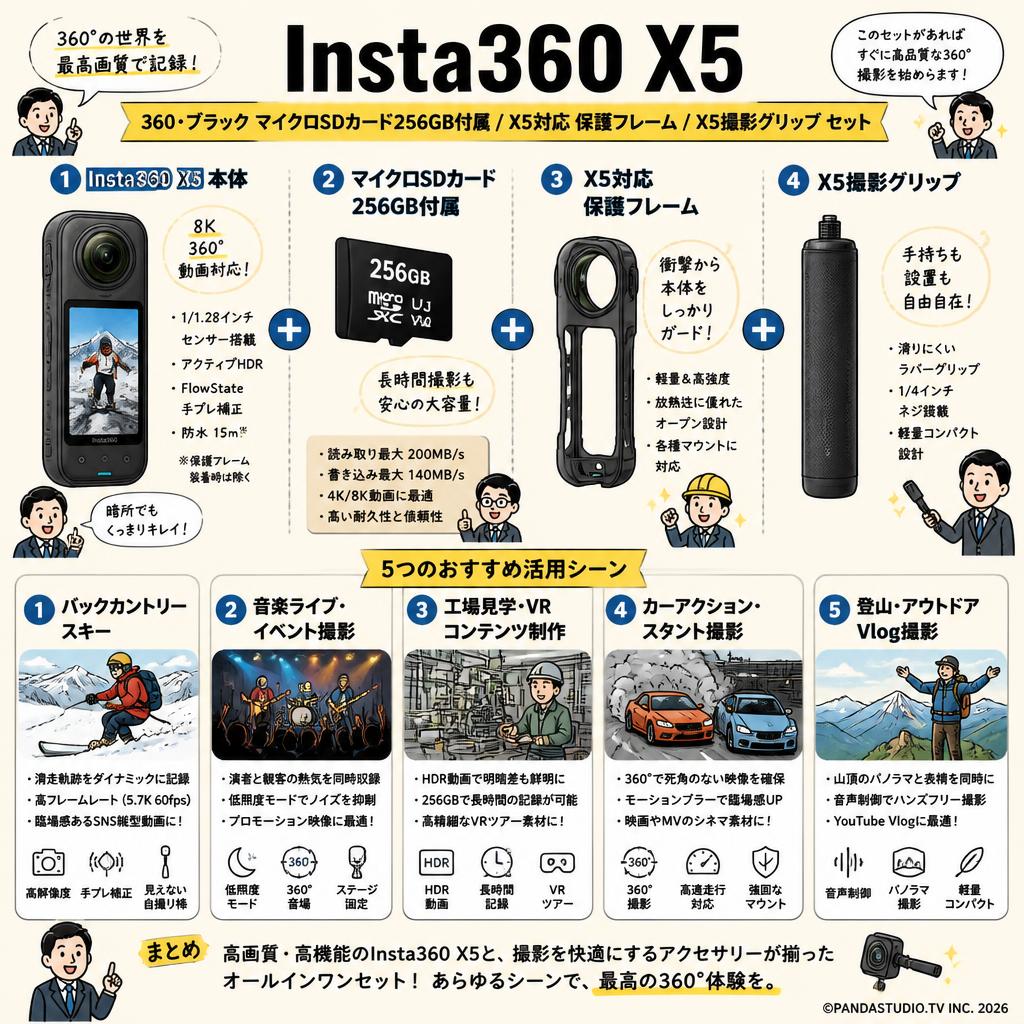 Insta360 X5 360・ブラック マイクロSDカード 256GB付属 /  X5 対応 保護フレーム /  X5 撮影グリップ  セット 用途
