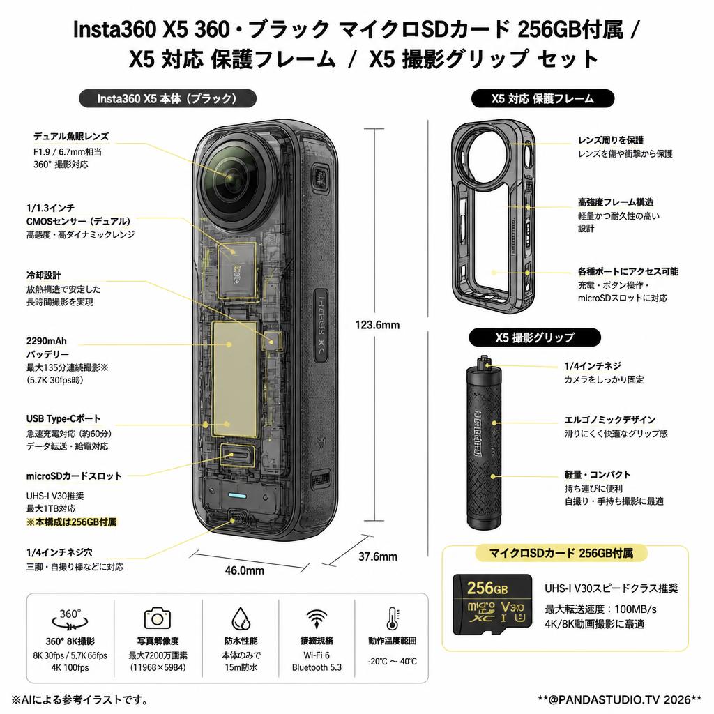 Insta360 X5 360・ブラック マイクロSDカード 256GB付属 /  X5 対応 保護フレーム /  X5 撮影グリップ  セット スペック
