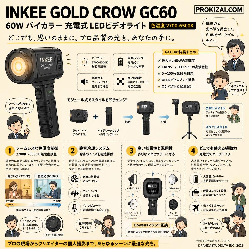 INKEE GOLD CROW GC60 60W バイカラー 充電式 LEDビデオライト 色温度 2700-6500K 【PROKIZAI.COM】 概要