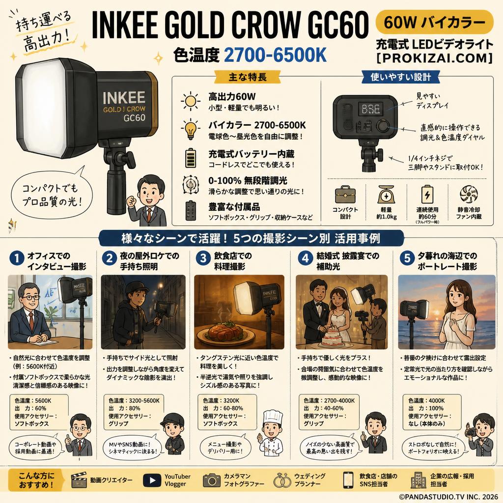 INKEE GOLD CROW GC60 60W バイカラー 充電式 LEDビデオライト 色温度 2700-6500K 【PROKIZAI.COM】 用途