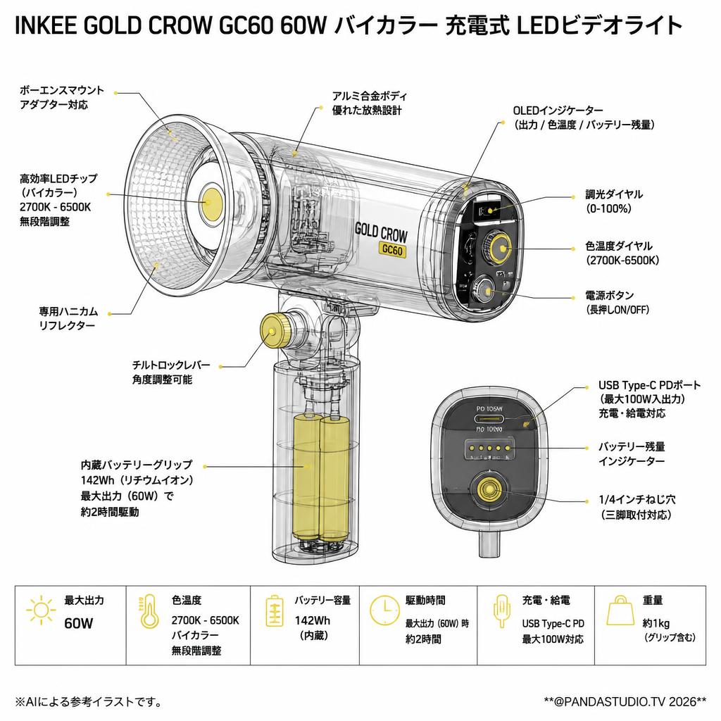 INKEE GOLD CROW GC60 60W バイカラー 充電式 LEDビデオライト 色温度 2700-6500K 【PROKIZAI.COM】 スペック
