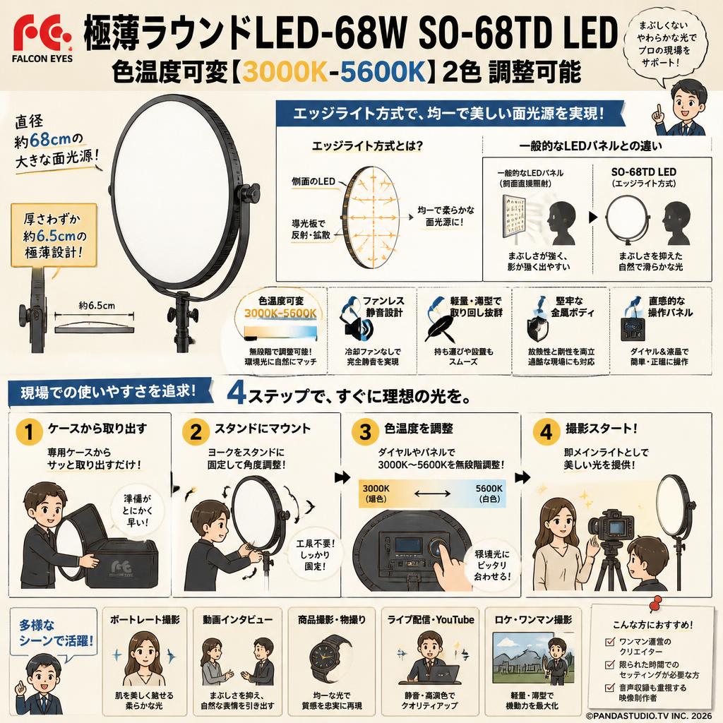 Falcon Eyes 極薄ラウンドLED-68W SO-68TD LED 色温度可変【3000K-5600K】2色 調整可能 概要