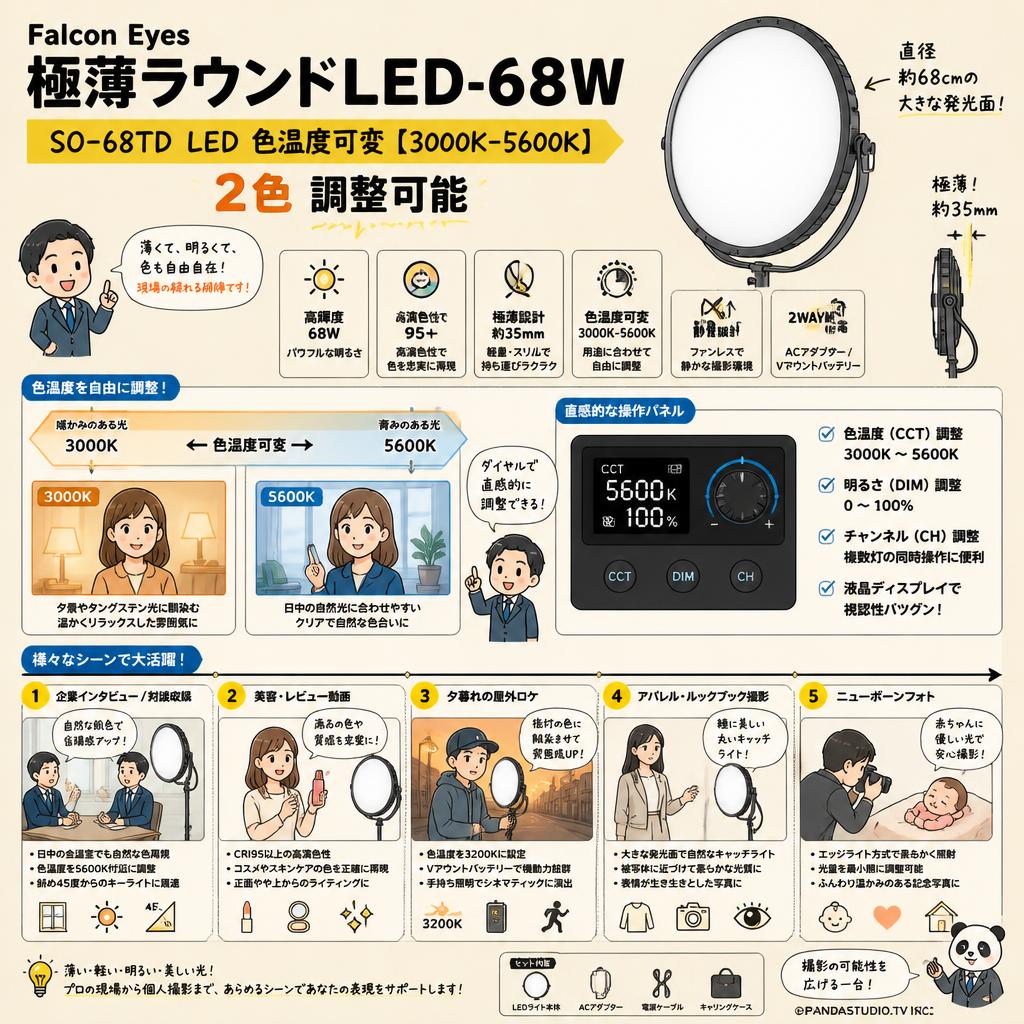 Falcon Eyes 極薄ラウンドLED-68W SO-68TD LED 色温度可変【3000K-5600K】2色 調整可能 用途