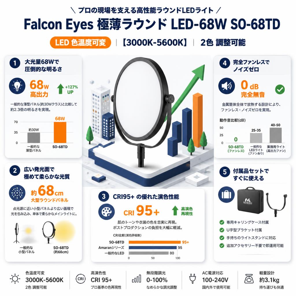 Falcon Eyes 極薄ラウンドLED-68W SO-68TD LED 色温度可変【3000K-5600K】2色 調整可能 セールスポイント