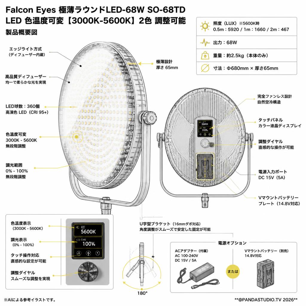 Falcon Eyes 極薄ラウンドLED-68W SO-68TD LED 色温度可変【3000K-5600K】2色 調整可能 スペック