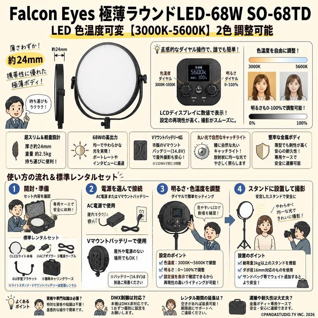 Falcon Eyes 極薄ラウンドLED-68W SO-68TD LED 色温度可変【3000K-5600K】2色 調整可能 FAQ（よくある質問と答え）
