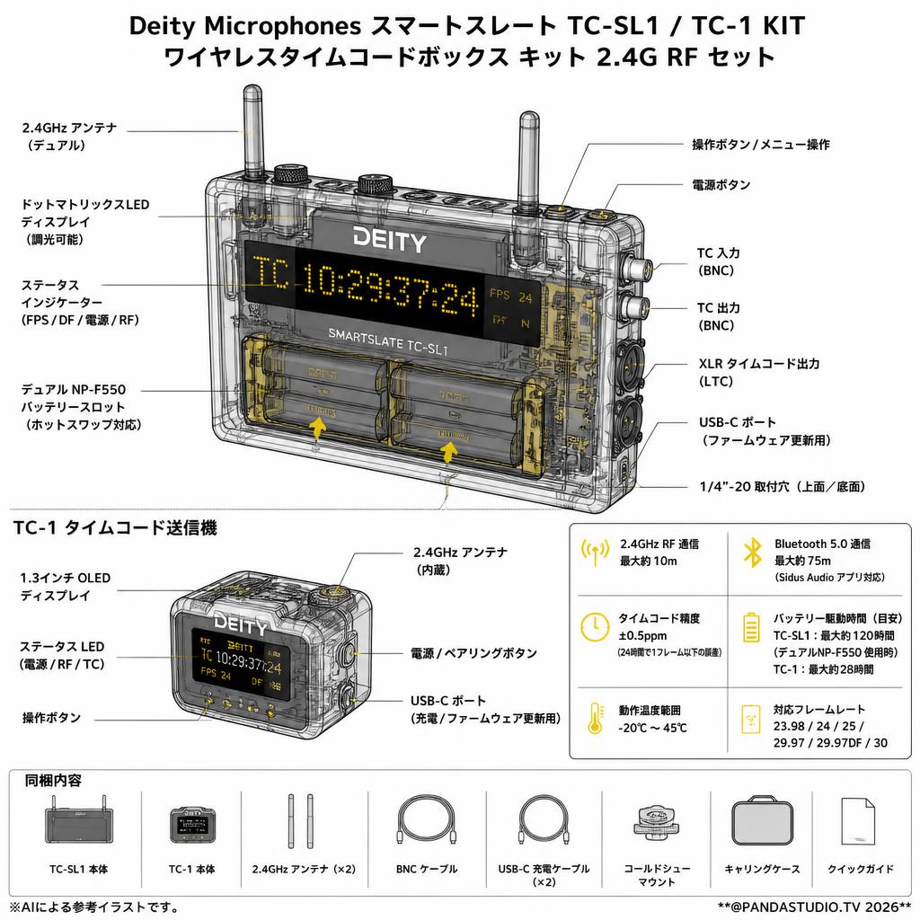 Deity Microphones スマートスレート TC-SL1 /  TC-1 KIT ワイヤレスタイムコードボックス キット 2.4G RF セット スペック
