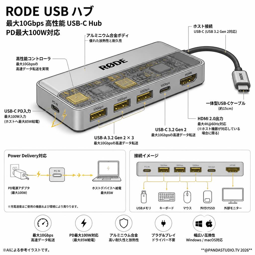 RODE USB ハブ 最大10Gbps 高性能 USB-C Hub PD最大100W対応 スペック