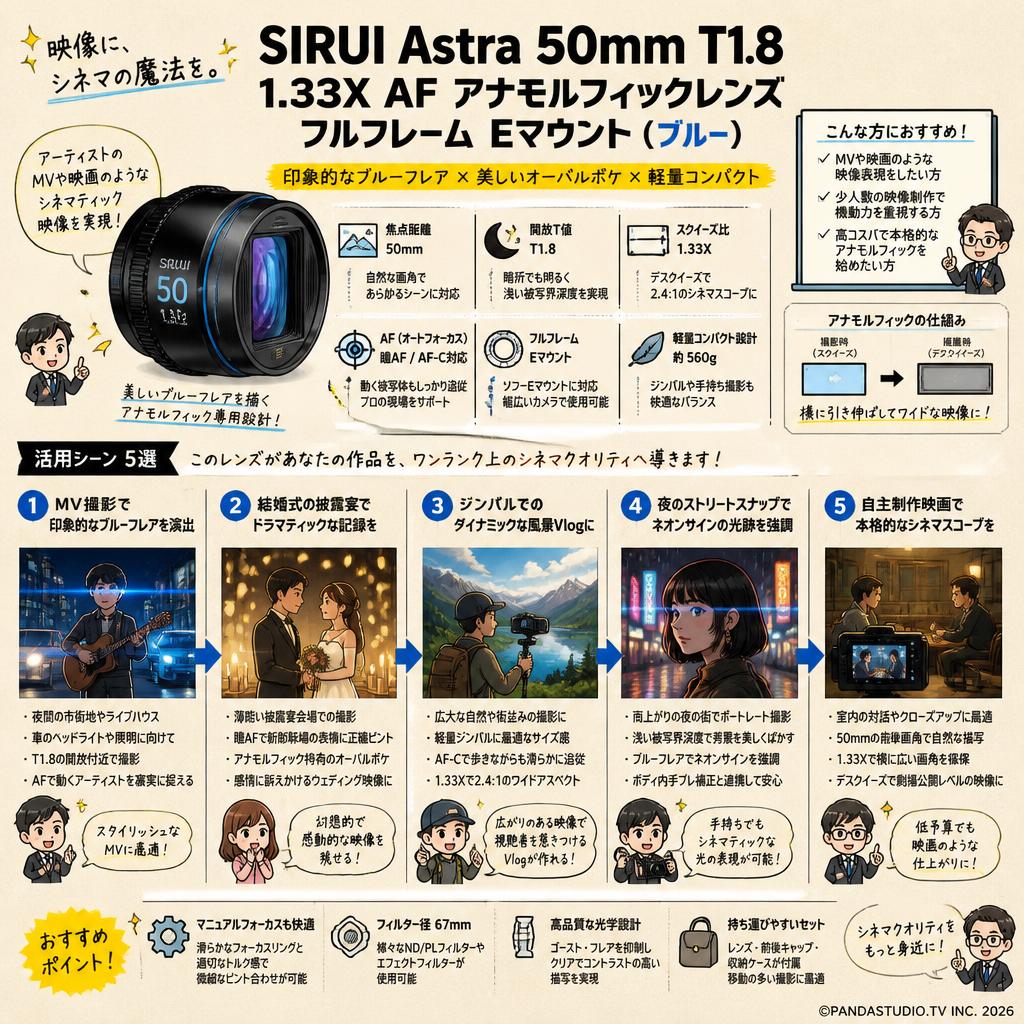 SIRUI Astra 50mm T1.8 1.33X AF アナモルフィックレンズ フルフレーム Eマウント（ブルー） 用途