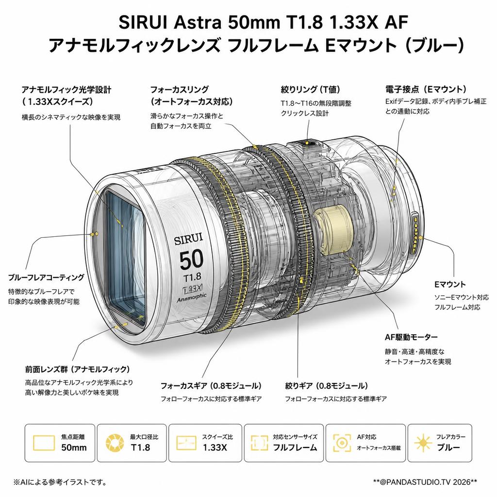 SIRUI Astra 50mm T1.8 1.33X AF アナモルフィックレンズ フルフレーム Eマウント（ブルー） スペック