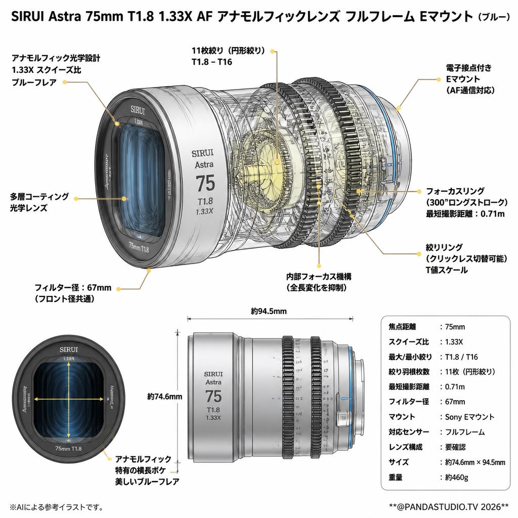 SIRUI Astra 75mm T1.8 1.33X AF アナモルフィックレンズ フルフレーム Eマウント（ブルー） スペック