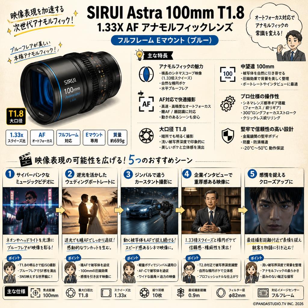 SIRUI Astra 100mm T1.8 1.33X AF アナモルフィックレンズ フルフレーム Eマウント（ブルー） 用途