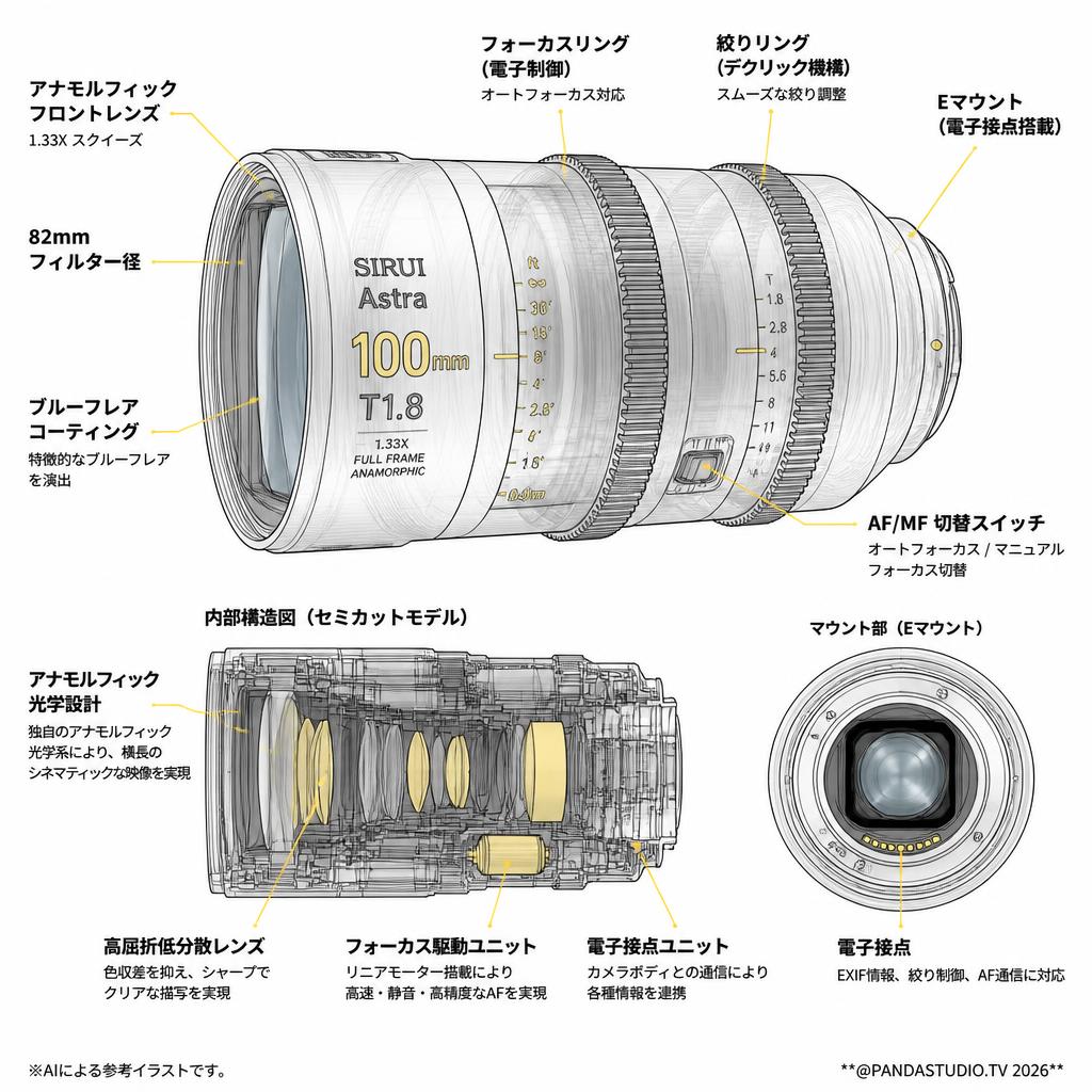 SIRUI Astra 100mm T1.8 1.33X AF アナモルフィックレンズ フルフレーム Eマウント（ブルー） スペック