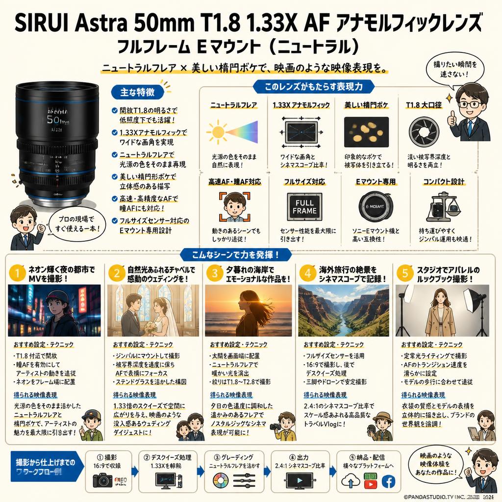 SIRUI Astra 50mm T1.8 1.33X AF アナモルフィックレンズ フルフレーム Eマウント（ニュートラル） 用途