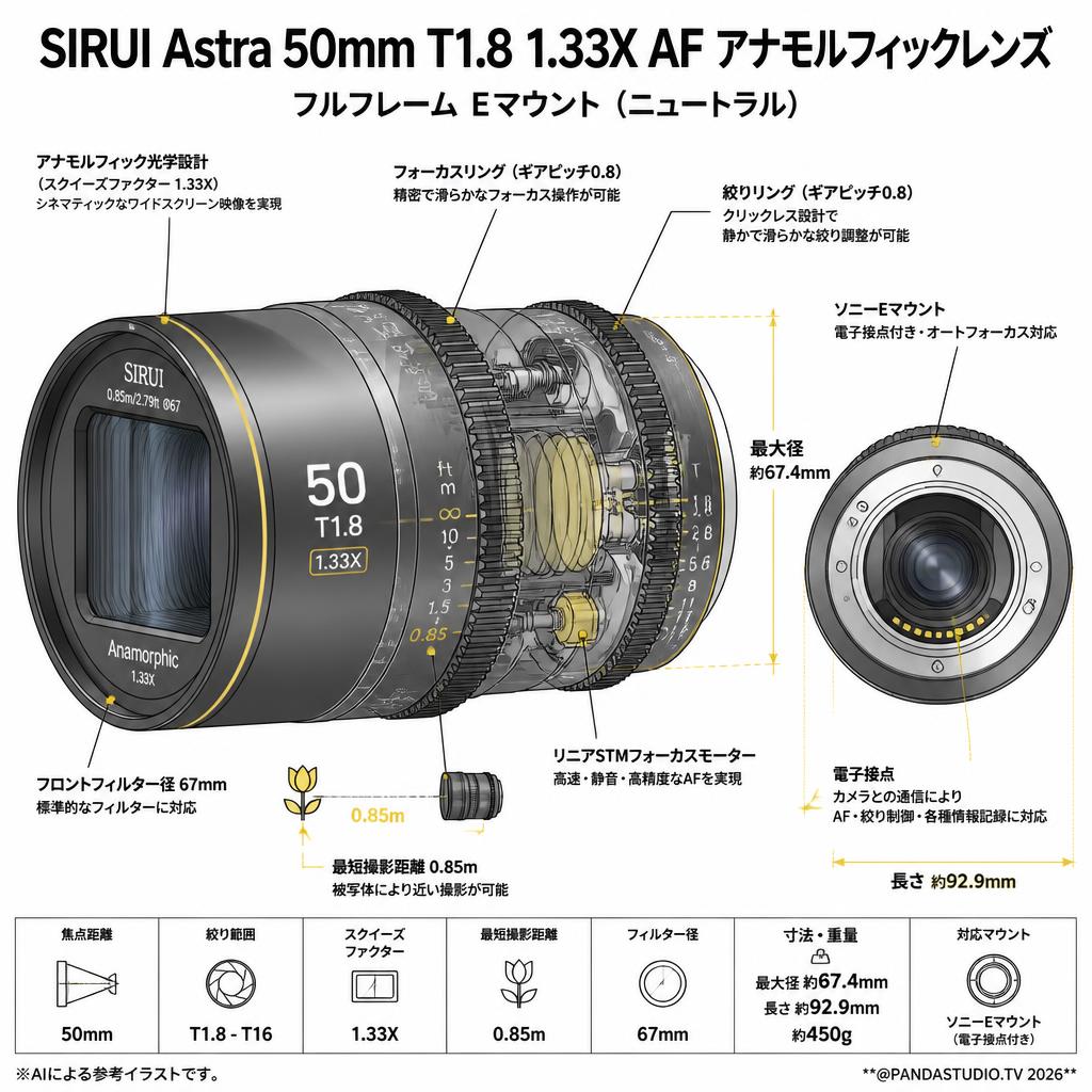 SIRUI Astra 50mm T1.8 1.33X AF アナモルフィックレンズ フルフレーム Eマウント（ニュートラル） スペック