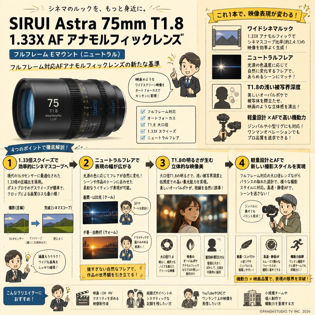 SIRUI Astra 75mm T1.8 1.33X AF アナモルフィックレンズ フルフレーム Eマウント（ニュートラル） 概要