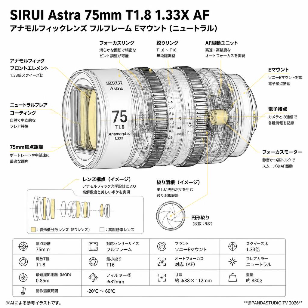 SIRUI Astra 75mm T1.8 1.33X AF アナモルフィックレンズ フルフレーム Eマウント（ニュートラル） スペック