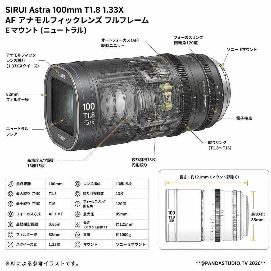 SIRUI Astra 100mm T1.8 1.33X AF アナモルフィックレンズ フルフレーム Eマウント（ニュートラル） スペック