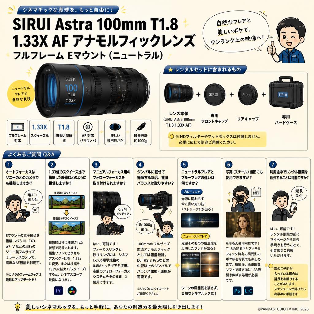 SIRUI Astra 100mm T1.8 1.33X AF アナモルフィックレンズ フルフレーム Eマウント（ニュートラル） FAQ（よくある質問と答え）