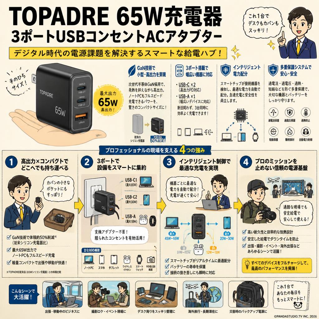 TOPADRE 65W充電器 3ポートUSBコンセントACアタブター | パンダ