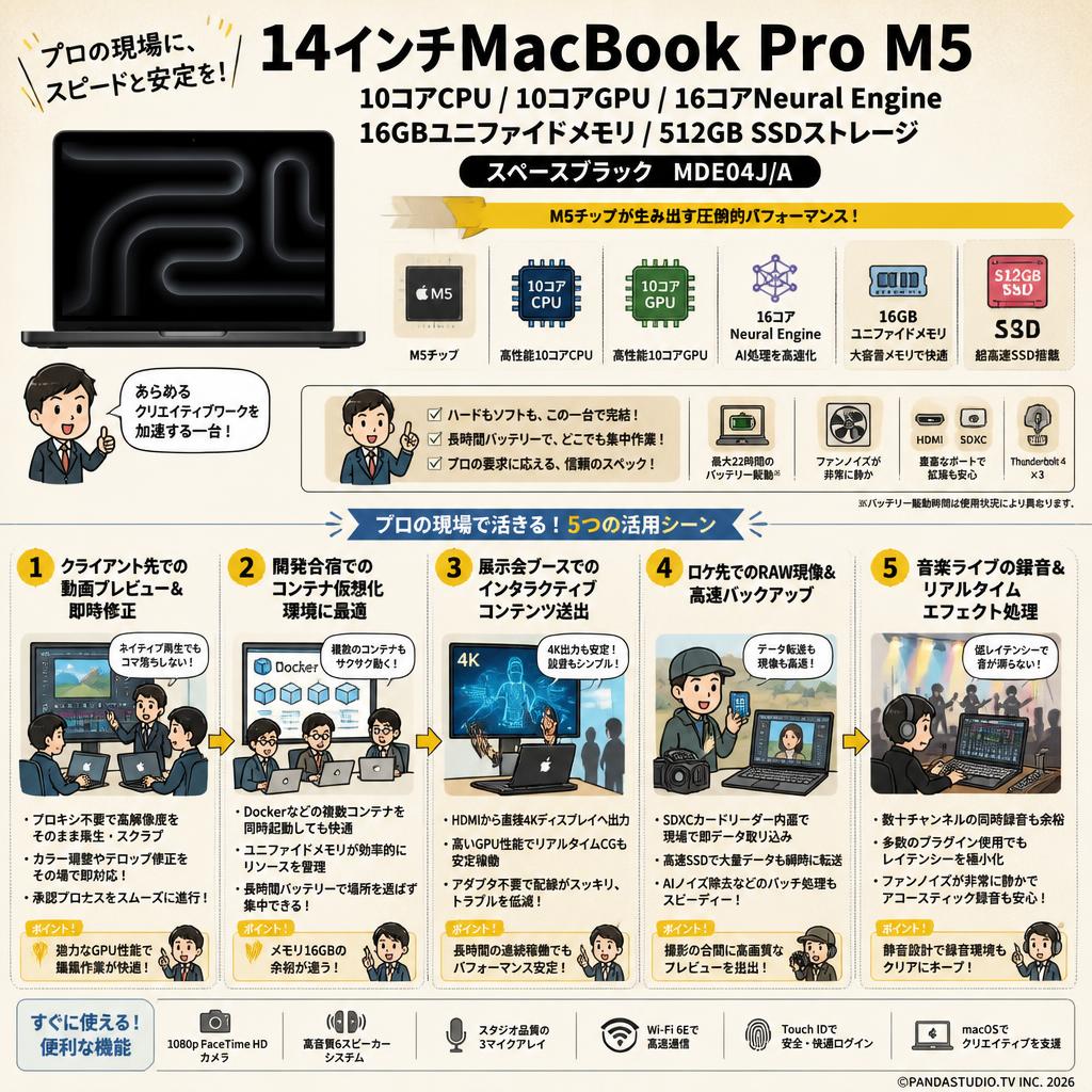 14インチMacBook Pro M5 / 10コアCPU / 10コアGPU / 16コアNeural Engine / 16GBユニファイドメモリ / 512GB SSDストレージ スペースブラック MDE04J/A 用途
