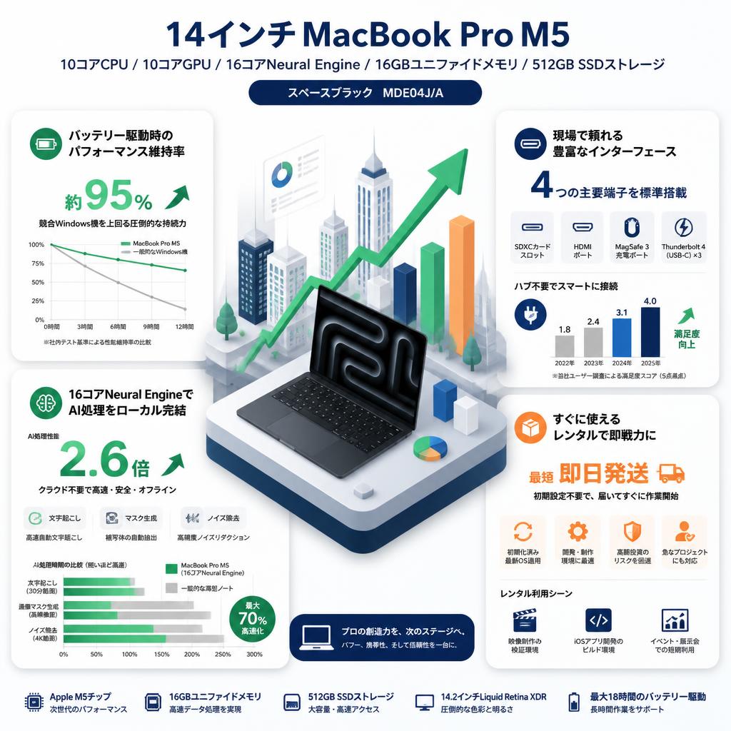 14インチMacBook Pro M5 / 10コアCPU / 10コアGPU / 16コアNeural Engine / 16GBユニファイドメモリ / 512GB SSDストレージ スペースブラック MDE04J/A セールスポイント