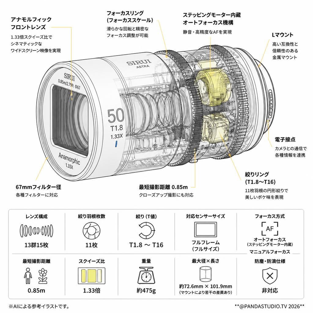 SIRUI Astra 50mm T1.8 1.33X AF アナモルフィックレンズ フルフレーム Lマウント（ブルー） スペック