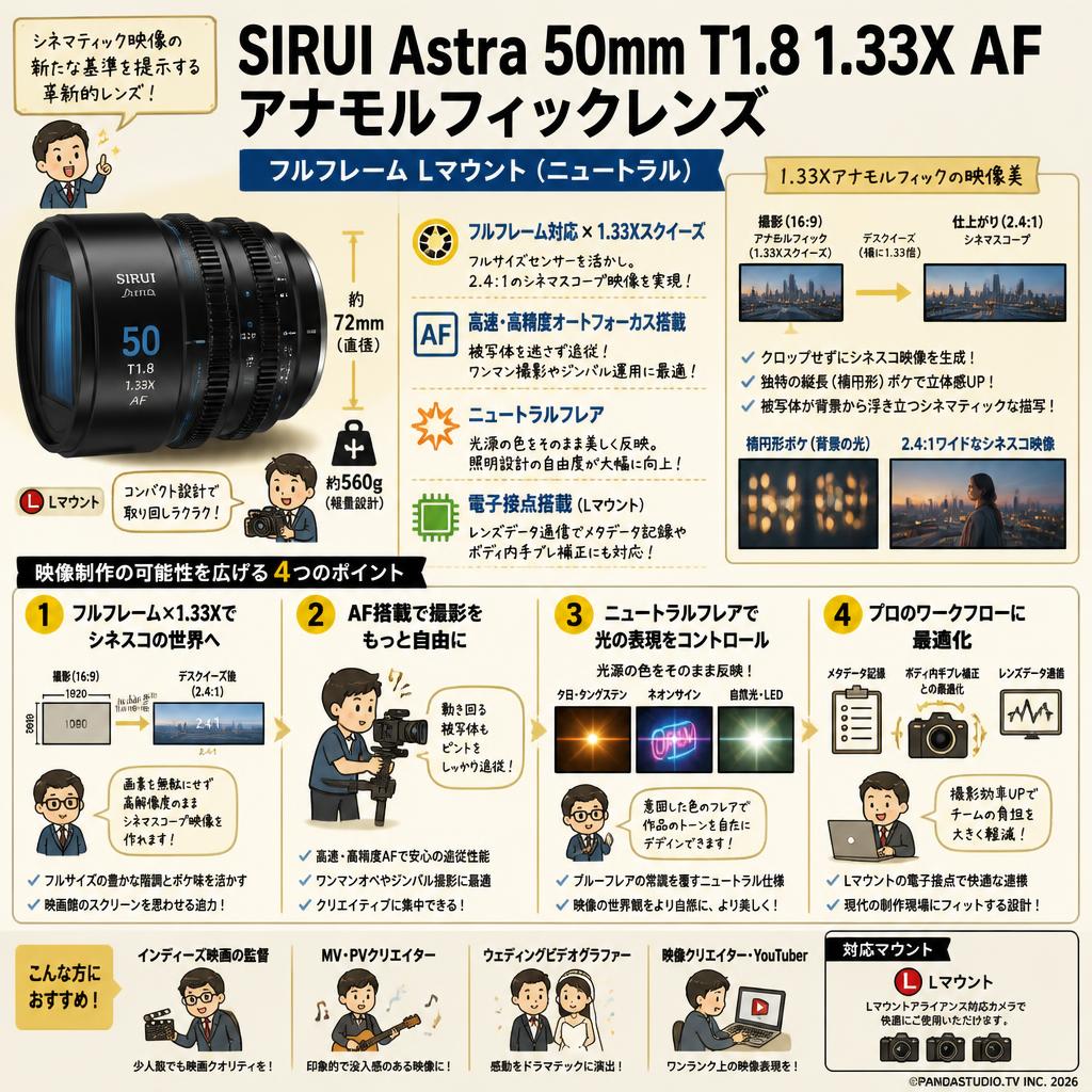 SIRUI Astra 50mm T1.8 1.33X AF アナモルフィックレンズ フルフレーム Lマウント（ニュートラル） 概要