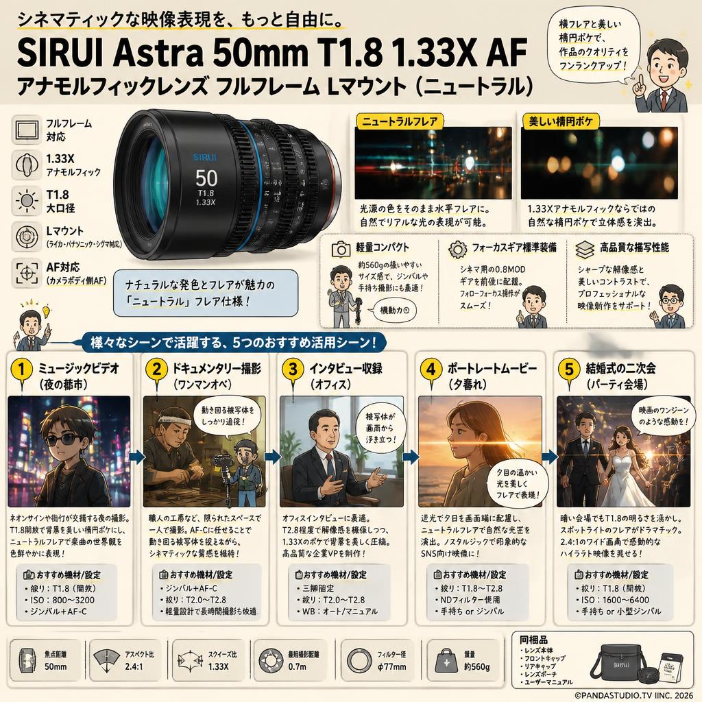 SIRUI Astra 50mm T1.8 1.33X AF アナモルフィックレンズ フルフレーム Lマウント（ニュートラル） 用途