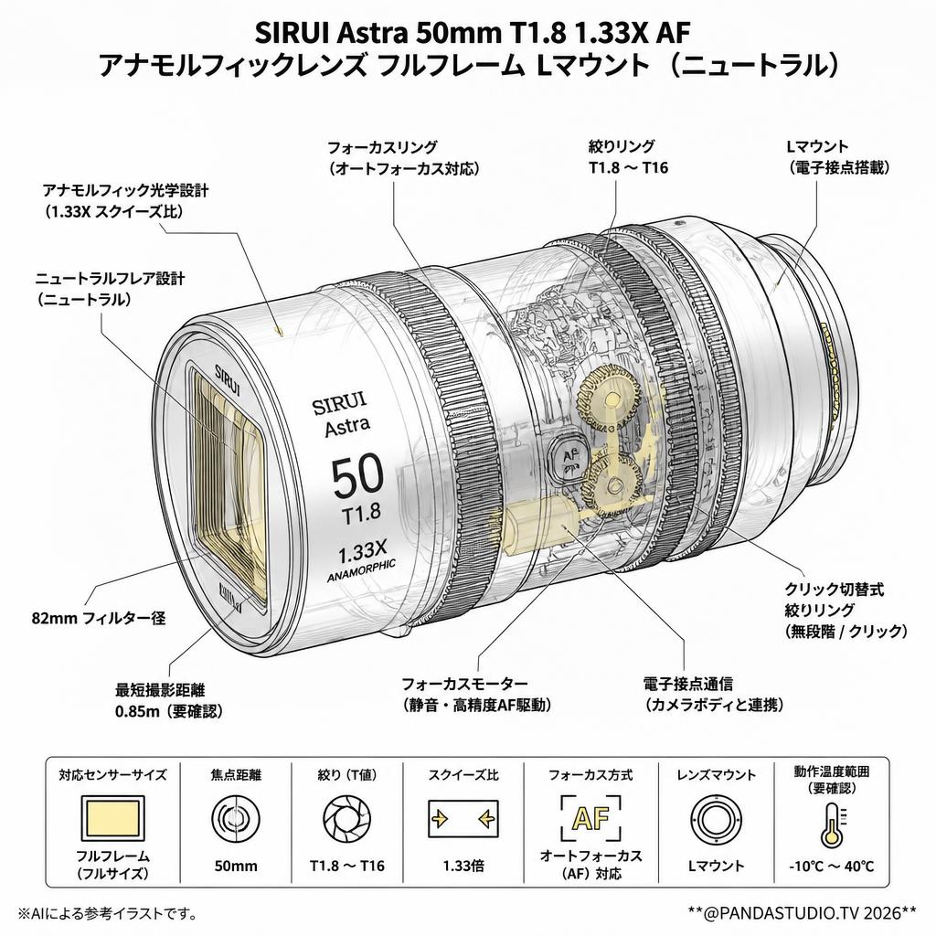 SIRUI Astra 50mm T1.8 1.33X AF アナモルフィックレンズ フルフレーム Lマウント（ニュートラル） スペック