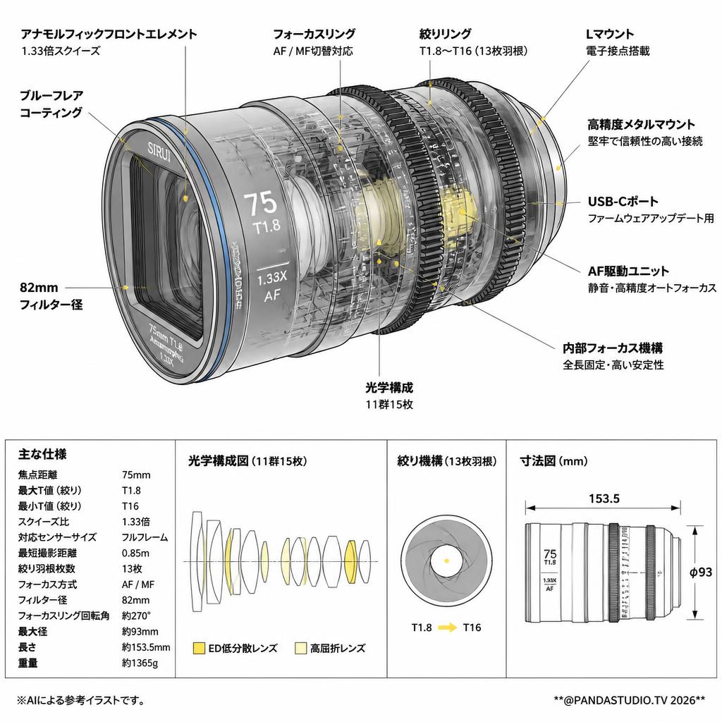 SIRUI Astra 75mm T1.8 1.33X AF アナモルフィックレンズ フルフレーム Lマウント（ブルー） スペック