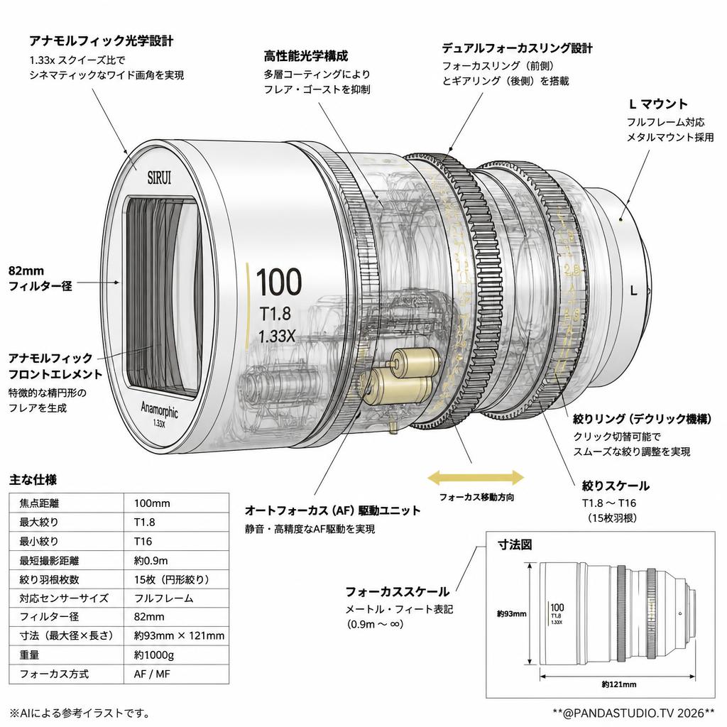 SIRUI Astra 100mm T1.8 1.33X AF アナモルフィックレンズ フルフレーム Lマウント（ブルー） スペック