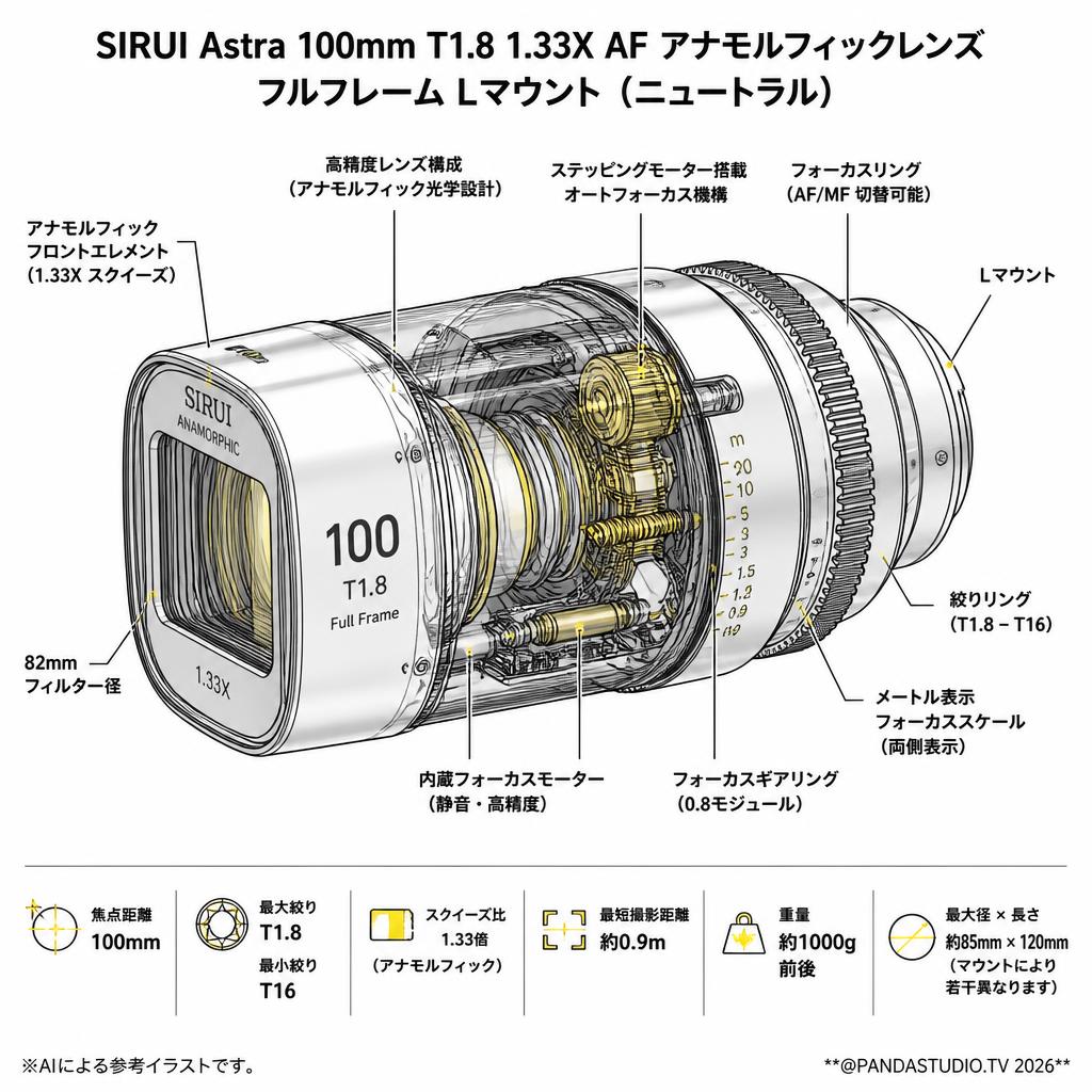 SIRUI Astra 100mm T1.8 1.33X AF アナモルフィックレンズ フルフレーム Lマウント（ニュートラル） スペック