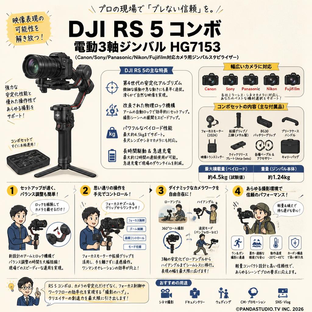 DJI RS 5 コンボ 電動3軸ジンバル HG7153 （Canon/Sony/Panasonic/Nikon/Fujifilm対応カメラ用ジンバルスタビライザー） 概要