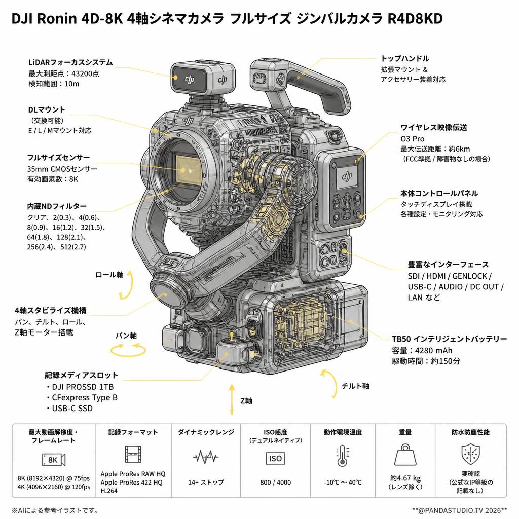 DJI Ronin 4D-8K 4軸シネマカメラ フルサイズ ジンバルカメラ R4D8KD スペック
