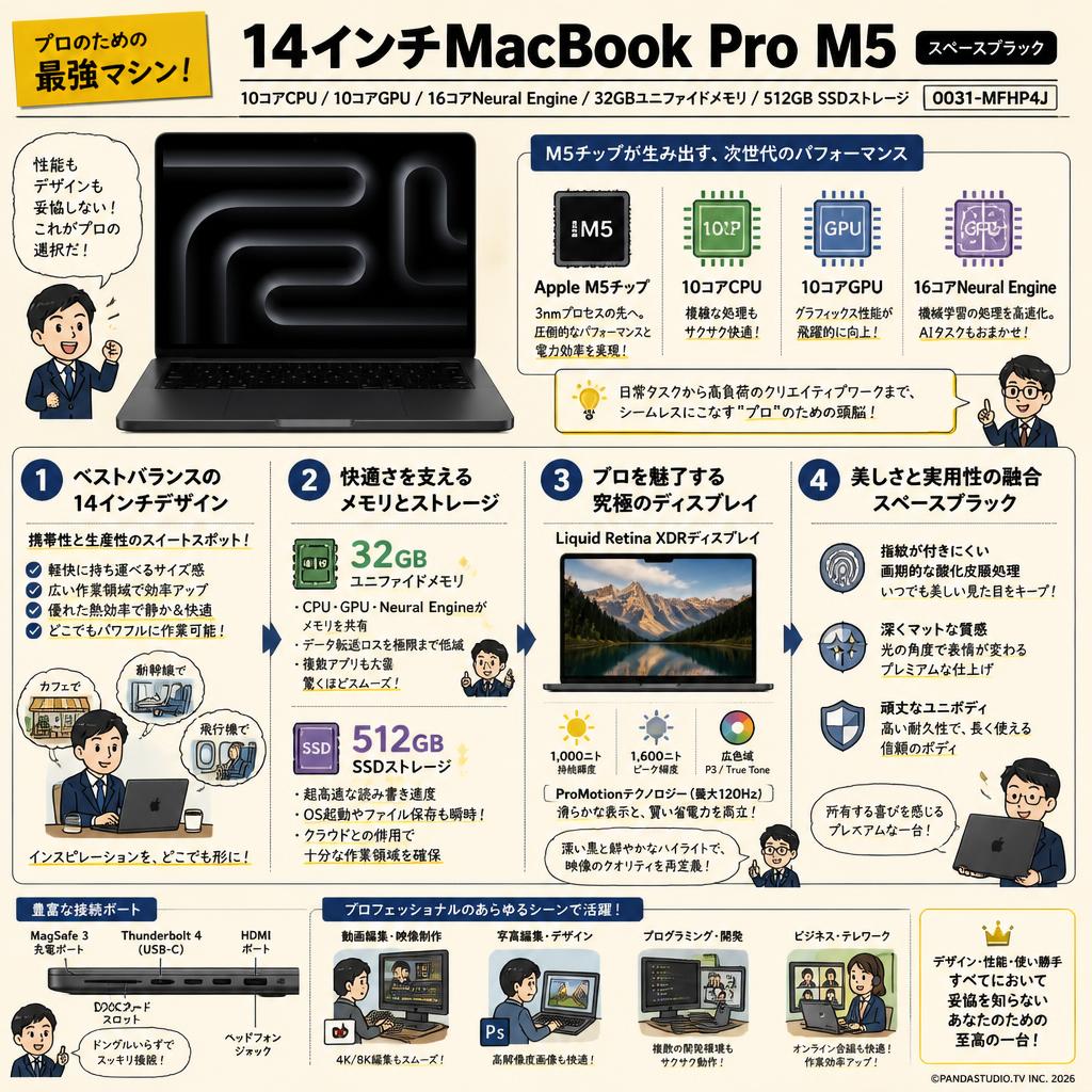 14インチMacBook Pro M5 / 10コアCPU / 10コアGPU / 16コアNeural Engine / 32GBユニファイドメモリ / 512GB SSDストレージ スペースブラック 0031-MFHP4J 概要