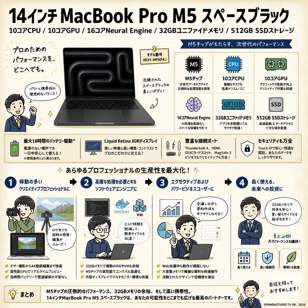 14インチMacBook Pro M5 / 10コアCPU / 10コアGPU / 16コアNeural Engine / 32GBユニファイドメモリ / 512GB SSDストレージ スペースブラック 0031-MFHP4J おもな対象のお客様