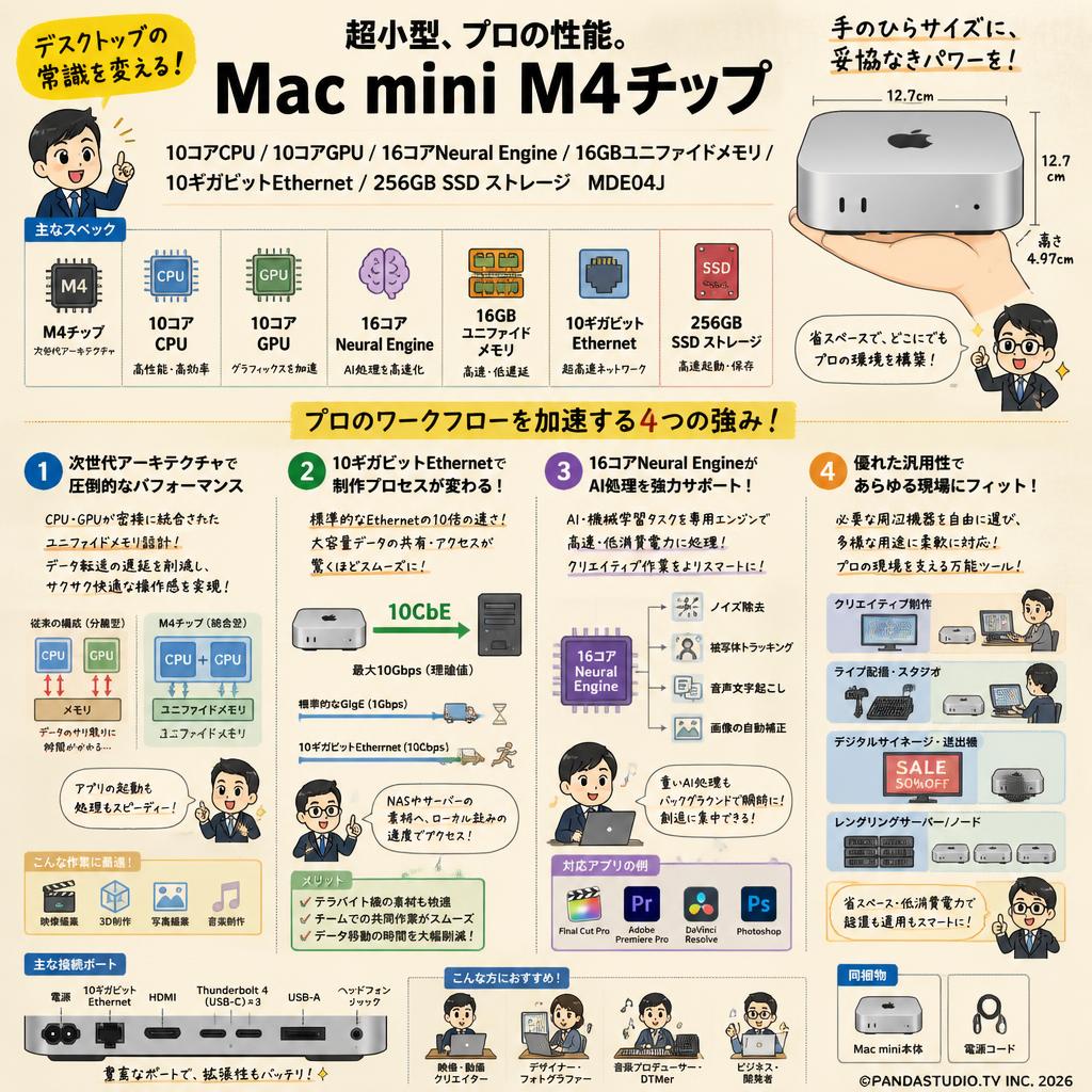 Mac Mini M4チップ / 10コアCPU / 10コアGPU / 16コアNeural Engine / 16GBユニファイドメモリ / 10ギガビットEthernet / 256GB SSD ストレージ MDE04J 概要
