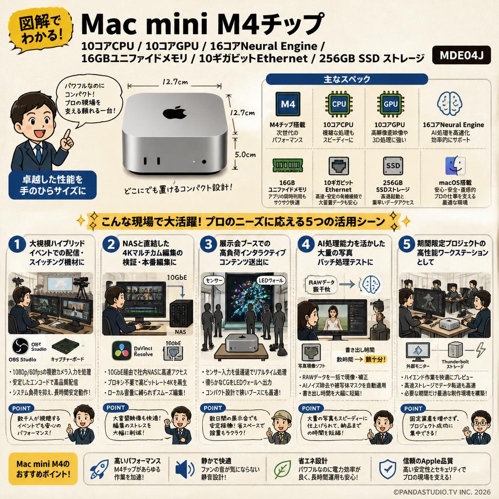 Mac Mini M4チップ / 10コアCPU / 10コアGPU / 16コアNeural Engine / 16GBユニファイドメモリ / 10ギガビットEthernet / 256GB SSD ストレージ MDE04J 用途