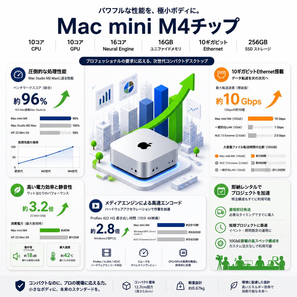 Mac Mini M4チップ / 10コアCPU / 10コアGPU / 16コアNeural Engine / 16GBユニファイドメモリ / 10ギガビットEthernet / 256GB SSD ストレージ MDE04J セールスポイント