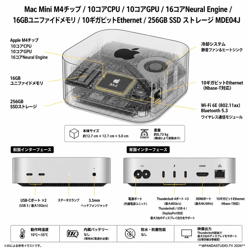 Mac Mini M4チップ / 10コアCPU / 10コアGPU / 16コアNeural Engine / 16GBユニファイドメモリ / 10ギガビットEthernet / 256GB SSD ストレージ MDE04J スペック