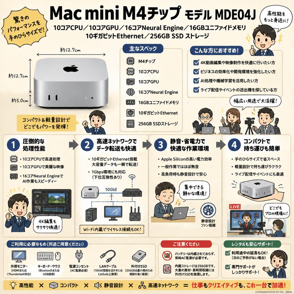 Mac Mini M4チップ / 10コアCPU / 10コアGPU / 16コアNeural Engine / 16GBユニファイドメモリ / 10ギガビットEthernet / 256GB SSD ストレージ MDE04J FAQ（よくある質問と答え）