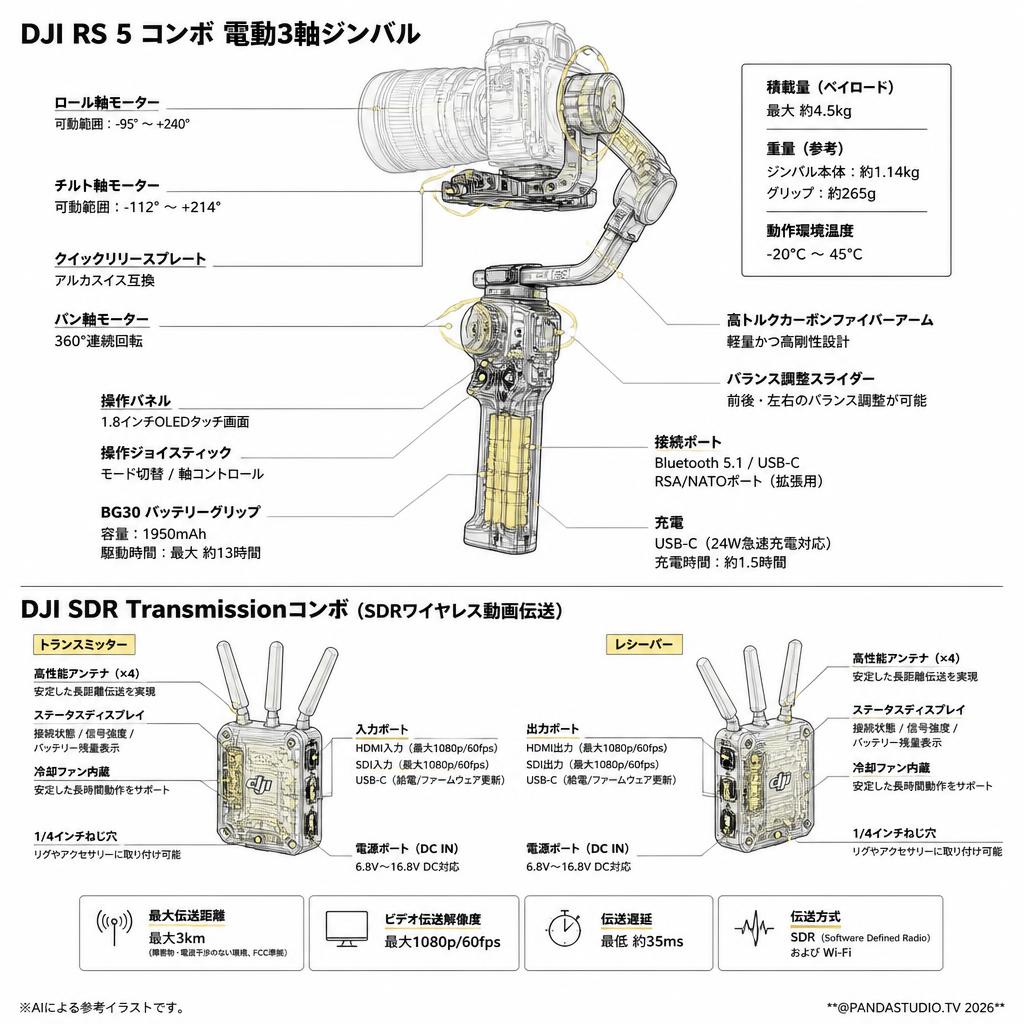 DJI RS 5 コンボ 電動3軸ジンバル HG7153 / DJI SDR Transmissionコンボ （SDRワイヤレス動画伝送 トランスミッターおよびレシーバー）セット スペック