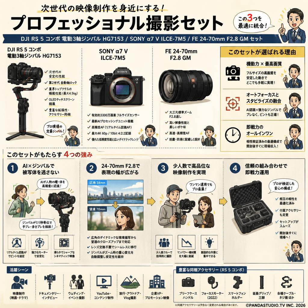 DJI RS 5 コンボ 電動3軸ジンバル HG7153 / SONY α7 V ILCE-7M5 / FE 24-70mm F2.8 GM セット 概要