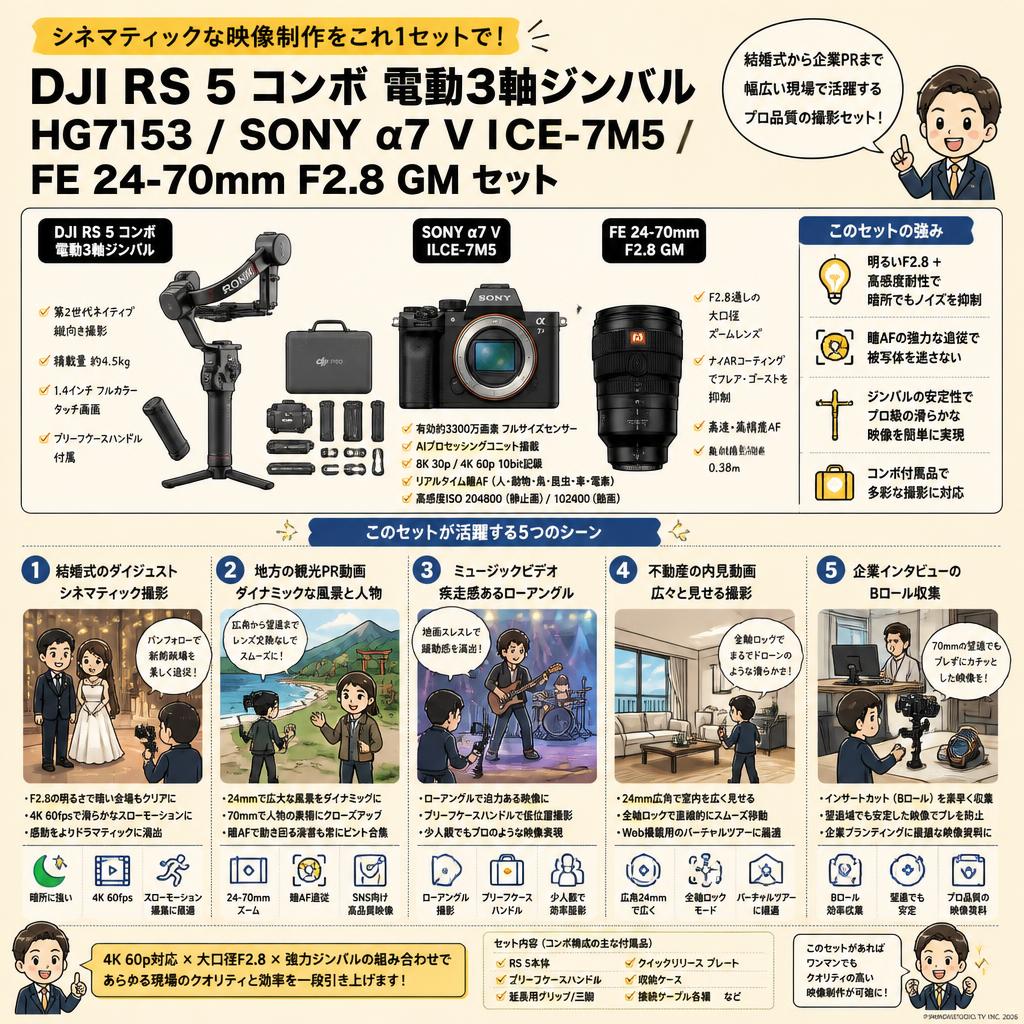 DJI RS 5 コンボ 電動3軸ジンバル HG7153 / SONY α7 V ILCE-7M5 / FE 24-70mm F2.8 GM セット 用途